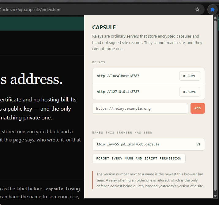 The CAPSULE extension settings panel, listing two relay addresses with remove buttons, a field to add another, and the list of .capsule names this browser has seen with their version numbers.