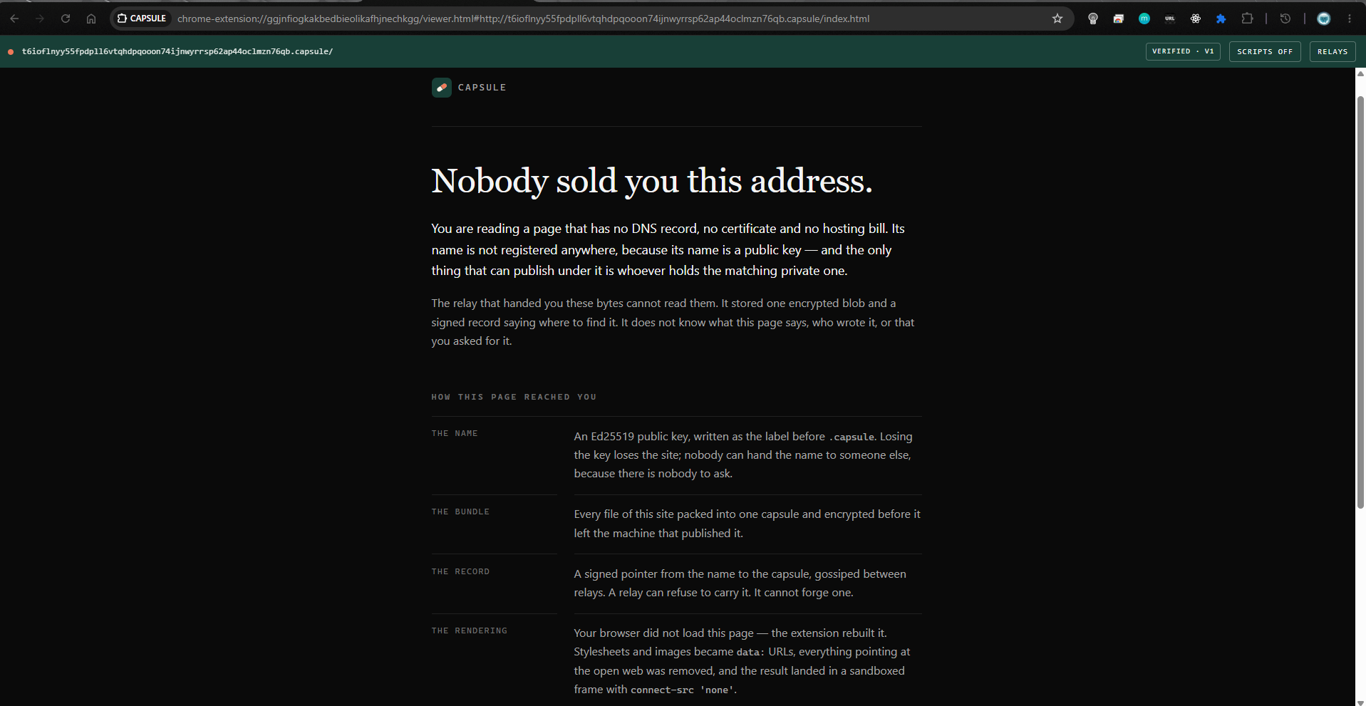 A .capsule site open in Chrome through the CAPSULE extension. A bar above the page reads VERIFIED, version one, SCRIPTS OFF and RELAYS. The page headline says: Nobody sold you this address.