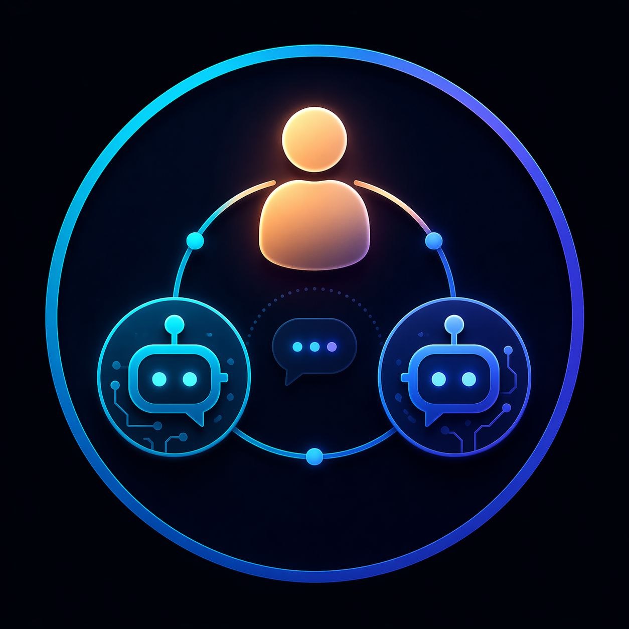 bots-hub — one human and two chat-bot assistants linked by a glowing circle